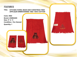 2 Towel Merry Christmas Tree &amp; Bear Embroidered Aplique Red 100% Cotton - $17.82