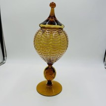 Mcm Italy Lavorazione Empoli Draped Amber Cameo Art Glass Vase Compote Lidded - £256.59 GBP