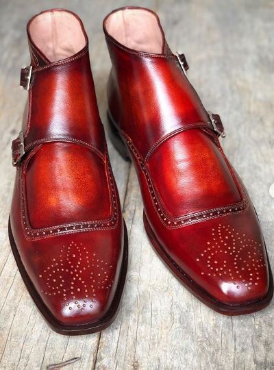 New Handmade Men's Burgundy Brogue Toe Leather Boots, Double Monk Strap Boots