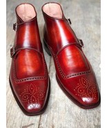 New Handmade Men&#39;s Burgundy Brogue Toe Leather Boots, Double Monk Strap ... - £127.86 GBP+