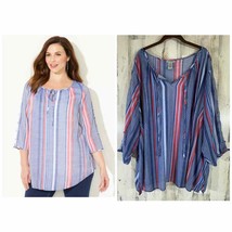 Catherines Tunic Size 5X 34/36W Blue Pink Stripe Ladder Sleeve Peasant T... - $24.72