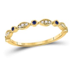 10K Yellow Gold Round Blue Sapphire Diamond Stackable Band Ring 1/10 cttw - £273.44 GBP