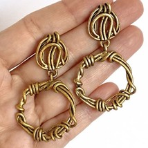 Artsy Distressed Twisted Metal Brutalist Gold Tone Dangle Pierced Earrings 2in - £11.92 GBP