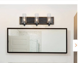 Black Brushed &amp; Faux Wood 3-Light Bathroom Vanity Light with Seeded Glass Shade - £49.06 GBP