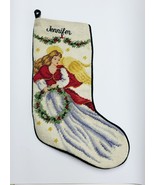 Lands End Wool Needlepoint Christmas Stocking Angel W/ Wreath Green Velv... - $586.83 MXN