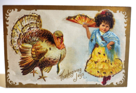 Thanksgiving Postcard Turkey Girl Holding Fan Glitter Mica Vintage Embossed - $12.15