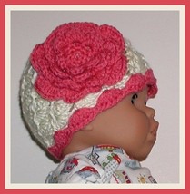 Girl Light Cream Off White Baby Hat Dark Coral Pink Flower 6-12 Months Girls - £11.00 GBP