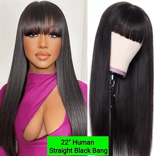 22&quot; Black Straight Human Wig with Bang - £197.00 GBP