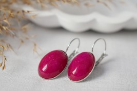 Pink jade oval earrings silver, Gemstone dangle drop lever back earrings, Dark p - £23.55 GBP