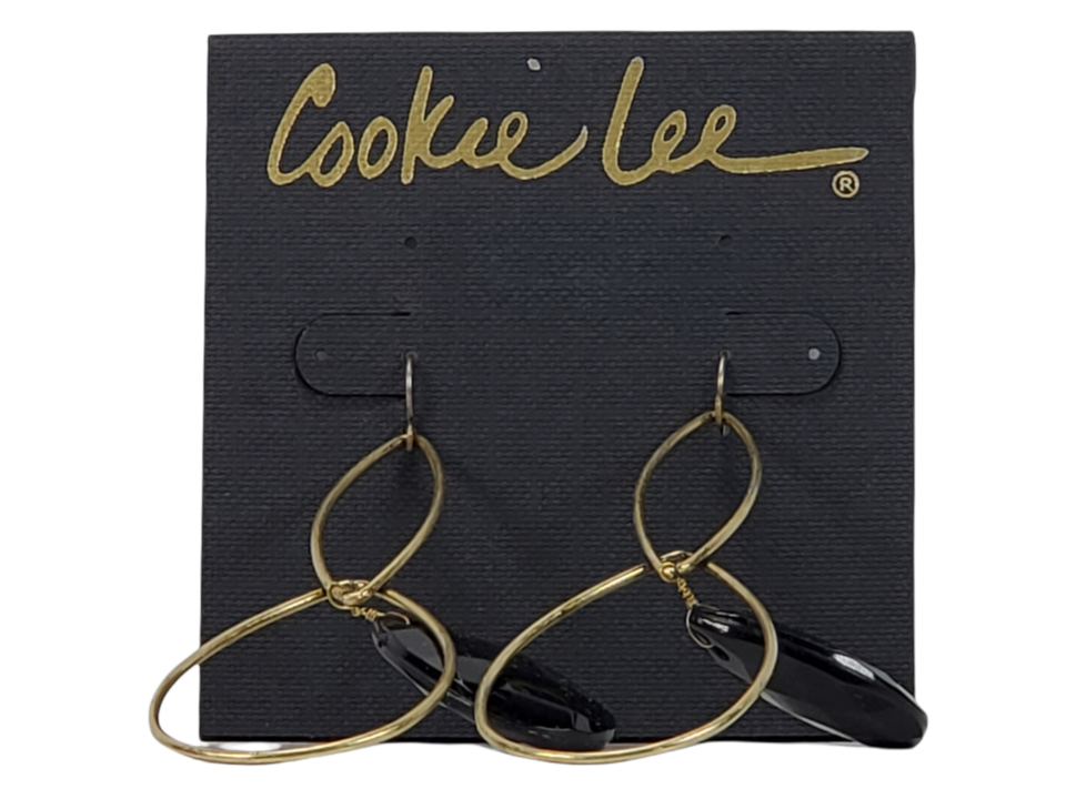 Cookie Lee Earrings Brass Double Loop Black Crystal - £5.45 GBP