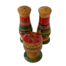 Wood Salt and Pepper Set w/ Toothpick Holder Mexico Puerto Rico Souvenir Vintage - £26.16 GBP