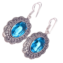 Blue Topaz Gemstone 925 Silver Overlay Handmade Oxidised Antique Drop Earrings - £14.90 GBP