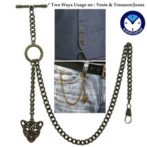 Albert Pocket Watch Chain Bronze Leopard Head Fob for Vests &amp; Jeans T Bar ACT25 - £14.22 GBP+