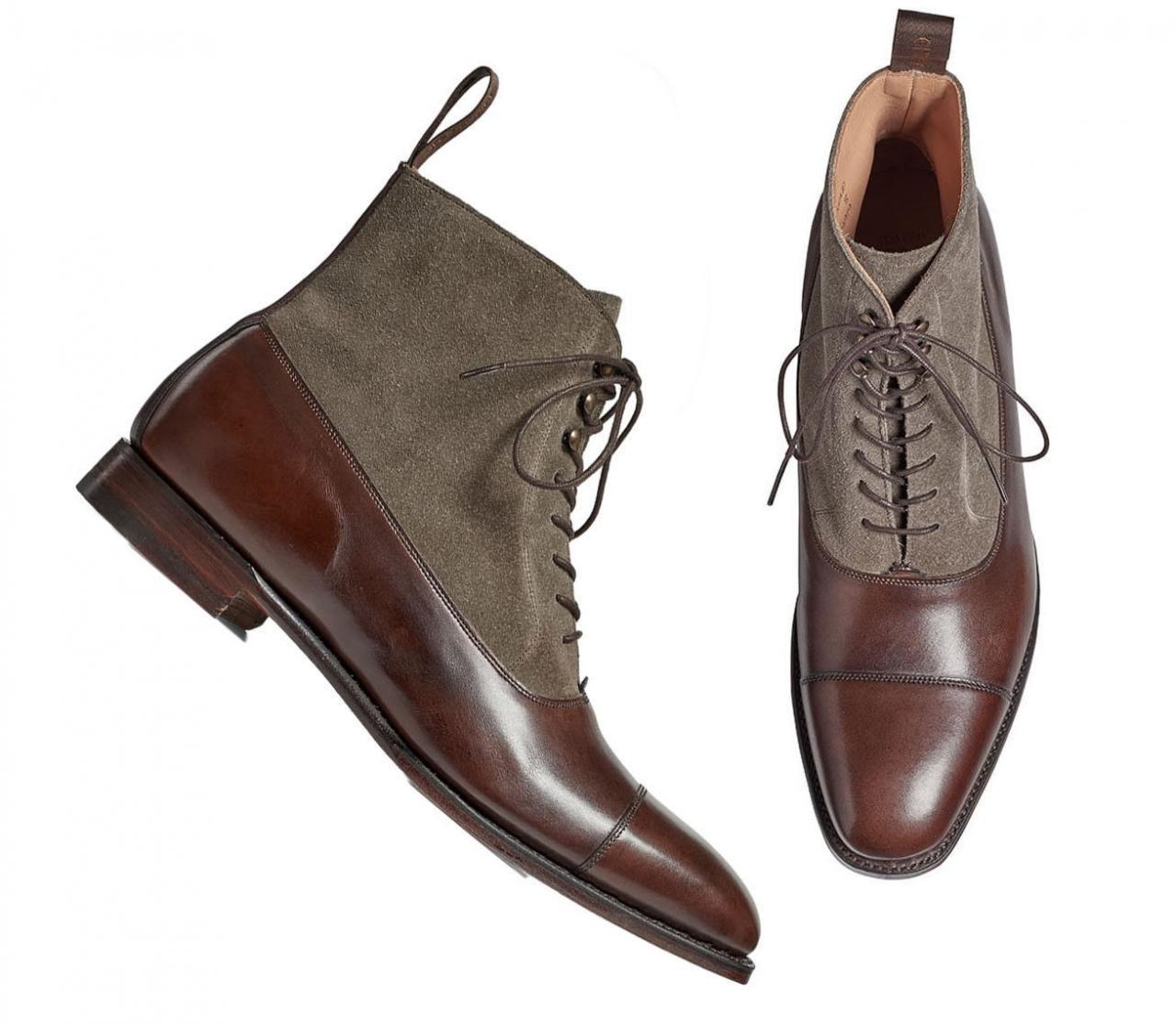 Men Two Tone High Ankle Brown Cap Toe Gray Suede Lace Up Leather Boot US 7-16