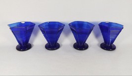 Set of 4 Unusual  Hand Blown Cobalt Blue Six Corner Threaded Glasses - $28.05