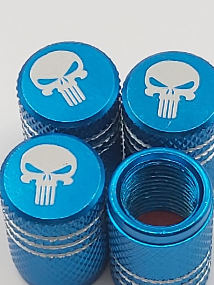 Set of  4 Sky Blue Punisher Tire Valve Stem Caps For Car, Standard Fitting - $7.24