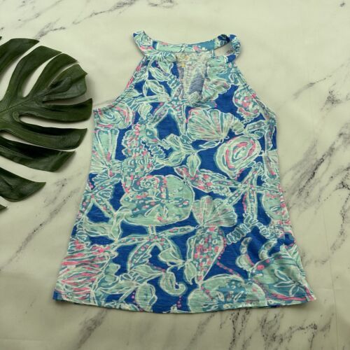Primary image for Lilly Pulitzer Arya Bay Blue Into The Deep Tank Top Size S Pink S Shell Print