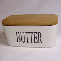 Butter Dish With Wood Lid White And Black Letters Ceramic Very Nice Butt... - $9.74