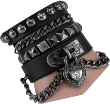 Rivet Bracelet Multilayer Black Leather Cuff Heart Pendant Bangle - £13.97 GBP