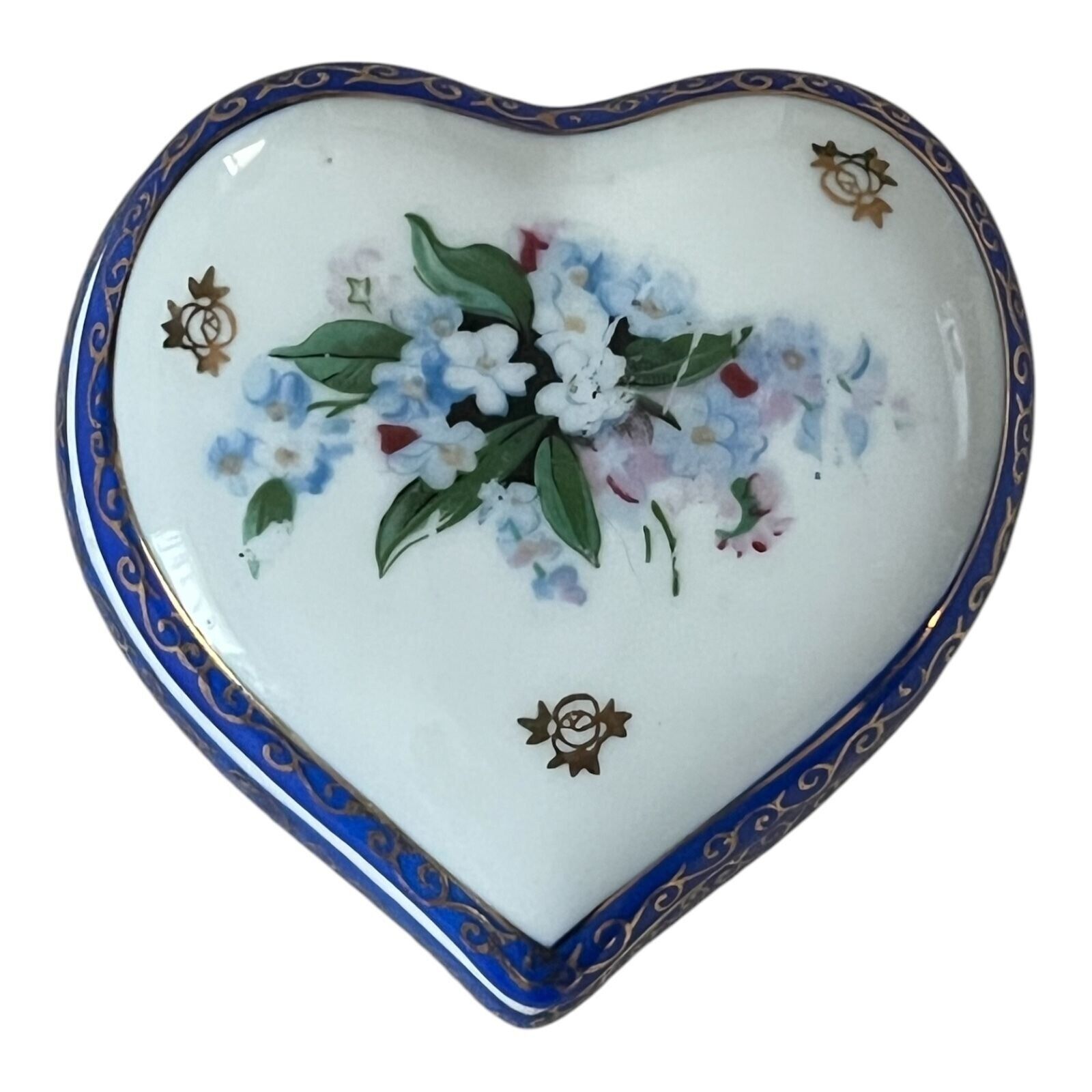 Vintage 1990s Heart-Shaped Trinket Box - Floral Pattern with Golden Trim... - $12.88