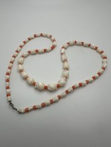 Vintage Sterling Silver Graduated Carved Mother Of Pearl Coral Necklace 24” - £39.29 GBP