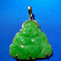Earth mined Green Jade Laughing Budai Pu Tai Vintage Pendant 18k Gold good Luck - £1,424.45 GBP