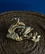 Avon Gold Tone Mother &amp; Baby Swan Brooch with Crystal Accent - $17.81