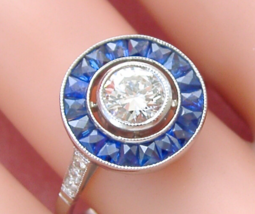 Art Deco .65ct Brilliant Diamond .62ctw Sapphire Halo Platinum Engagement Ring - £3,290.66 GBP