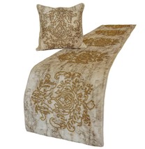 Foil Damask Gold - Jacquard Ivory &amp; Gold Decorative Bed Runner and Pillow Cover - £63.14 GBP+