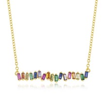 Sterling Silver Rainbow Baguette CZ Bar Necklace - Gold Plated - £41.00 GBP