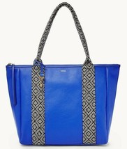 Fossil Sydney XL Tote Blue Leather SHB2823437 Brass Key Charm NWT $250 MSRP FS - £93.94 GBP