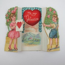 Vintage Valentine Boy Shoots Arrow Girl Pink Dress Holds Heart Target Mountains - £6.26 GBP