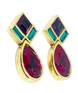 Signed Swarovski Crystal Dangle Earrings Gold Tone Purple Red Green Pierced - $68.37 CAD