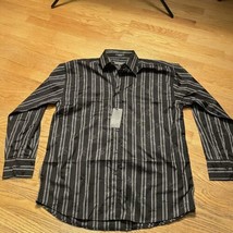 NWT Koman Black Button Front XL Shirt Gray Stripe Long Sleeve Subtle Flo... - $17.99
