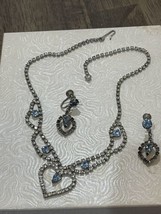 Vintage 1950s Diamente Costume Jewelry Set Blue Stones Necklace Choker Clip Ears - £37.36 GBP
