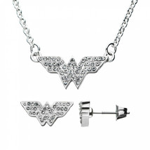 DC Comics Wonder Woman Symbol Studded Steel Necklace and Earring Set Silver - £31.43 GBP