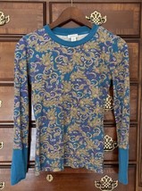 Sundance Fitted Waffle Knit Long Sleeve Thermal Top Teal Gold XS paisley - $24.72