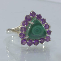 Malachite and Purple Amethyst Halo Handmade Sterling Silver Ladies Ring size 8.7 - £99.35 GBP