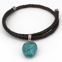 Shube&#39;s Brown Sterling Braided Leather Memory Wire Choker with Turquoise Pendant - £23.94 GBP