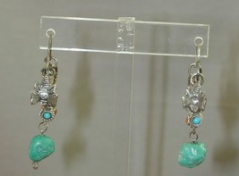 OLD Ornate Silver Metal Tribal Dangle Earrings Turquoise Coral Bee Fly - $29.99