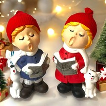 Vintage 1980&#39;s LUND&#39;S LITES Christmas Carolers Ceramic Boy &amp; Girl Figures - $22.44