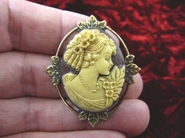 (CM7-38) Ringlets Girl Brown + Ivory Cameo Brass Pin Pendant Jewelry Brooch Nice - $30.84