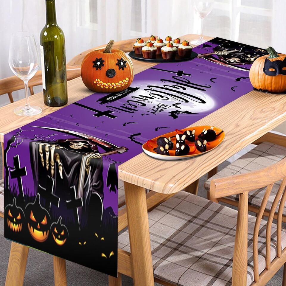 Halloween Table Runner, Halloween Oxford Cloth Bat Grim Reaper Grave Table Cover - $29.69