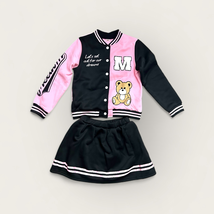 2PC Girl&#39;s Set Cute Bear Print Long Sleeve Varsity Jacket Pleated Skirt(... - £8.93 GBP