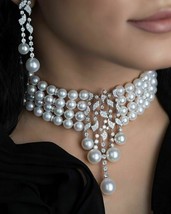 Bollywood Style Indian Fashion CZ AD Pearl Jewelry Choker Necklace Earrings Set - £52.32 GBP