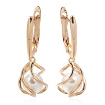 Luxury 585 Rose Gold Drop Earrings for Women Unique Geometric Hollow Pearl Brida - £10.12 GBP