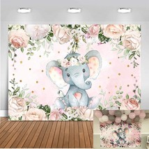 Elephant Baby Shower Backdrop 7X5Ft Cute Girl Elephant Pink Floral Photo Booth B - £24.20 GBP