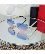 Luxury Rimless Round Cut Sunglasses Blue Pink Gradient Lens Gold Frame Diamond - $116.40
