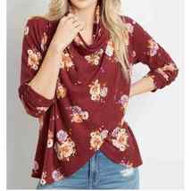 Maurices Red Floral Asymmetric Cardigan Shawl Wrap Open Waffle Knit Women S - £10.61 GBP