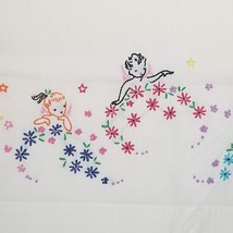 Cherub Pillowcase Vintage Hand Embroidered 29x20 Floral Cute Angels - £6.19 GBP